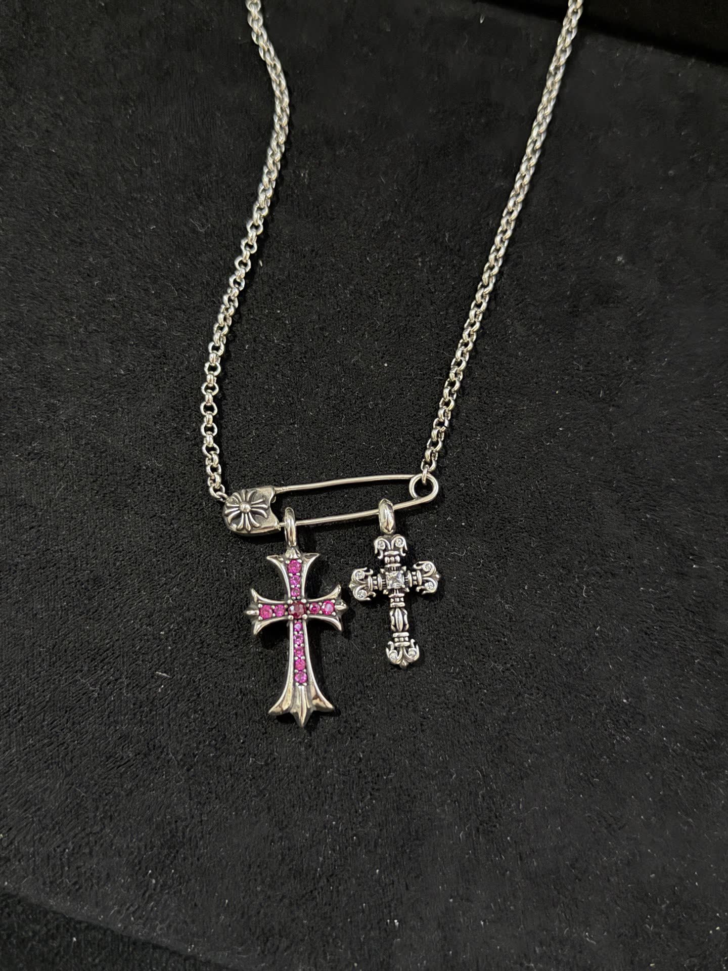 Chrome Hearts Silver Cross Pendant with Pink Stones